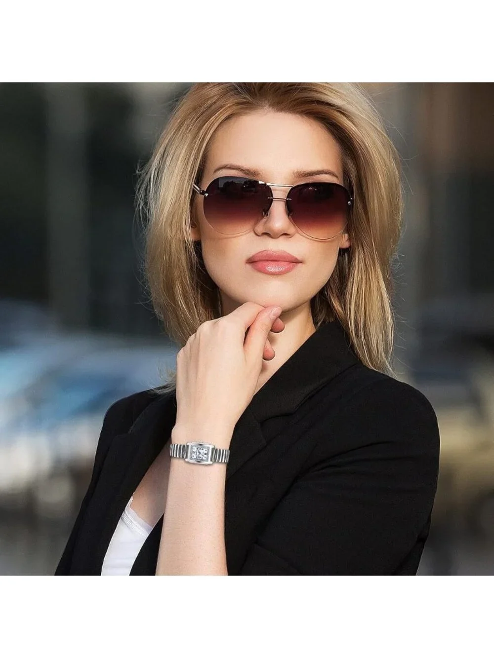 Women's Silver Analog Quartz Small Dial Easy Reader Stretch Band Square Watch